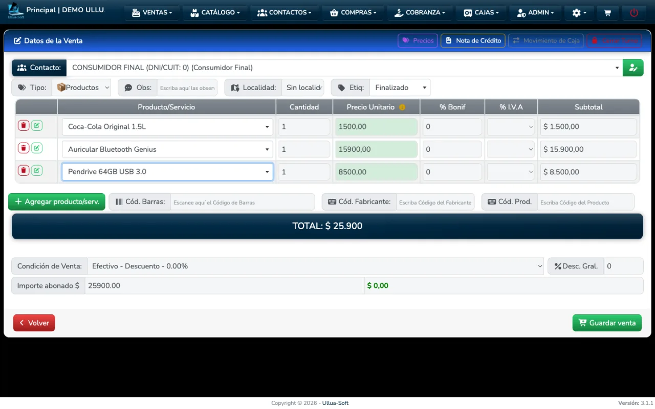 Pantalla de venta de Ullua-Soft: buscador de productos, métodos de pago y total en vivo